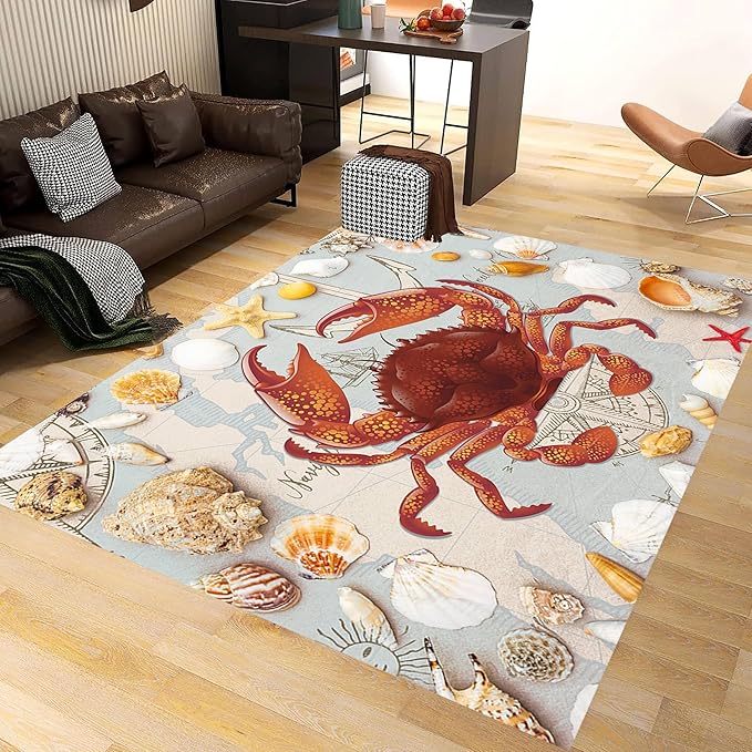 Nautical Theme Area Carpets, 3x4ft, Ocean Crab Shell Floor Rugs, Vintage Compass Anchor Printed Carpets, Machine Washable Foldable Easy-Clean Mats for Dining Room Runners