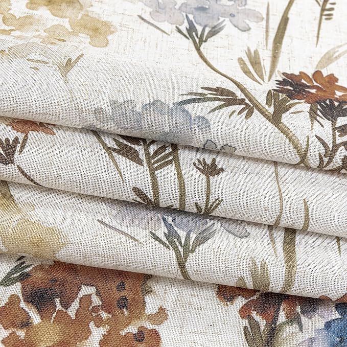 MYSKY HOME Floral Linen Curtains 45 inch Length 2 Panels Set Fall Patterned Semi Sheer Light Filtering Privacy Farmhouse Grommet Drapes, Yellow, 52" Wide, Pack-2