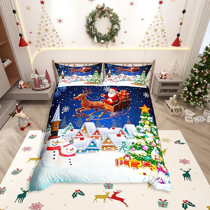 Manfei Christmas Duvet Cover Set King Size, Snowman Xmas Tree Santa Claus Bedding Set 3pcs, Reversible Winter Snow Cabin Holiday New Year Quilt Cover with Zipper Closure, 2 Pillowcases, No Comforter