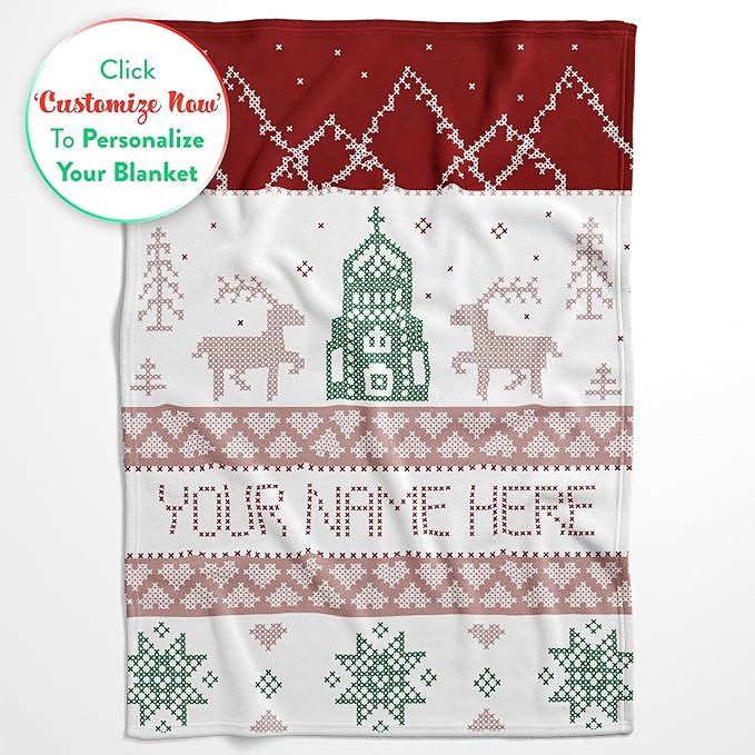 Custom Christmas Stitch Style Blanket - Ships Next Day from USA - Fleece or Sherpa, Soft Sofa Throw, Customizable Family Throws, Holiday Home Decor, Cozy Christmas Bedding (Sherpa 50x60)