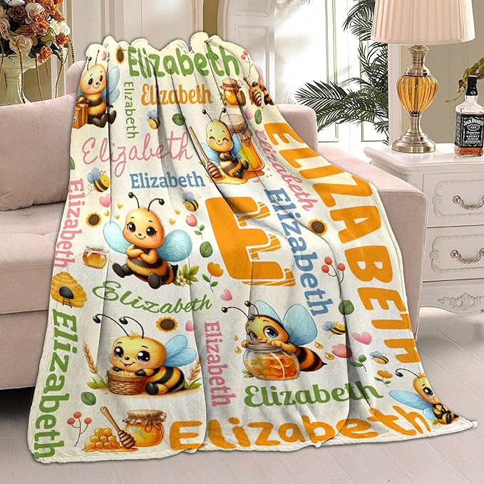 Personalized Custom Honeybee Blanket Gifts for Kids Boys Girls with Name - Customized Honeybee Super Soft Lightweight Flannel Sheets Decor for Crib Nap Couch - 60"x80" for Adult