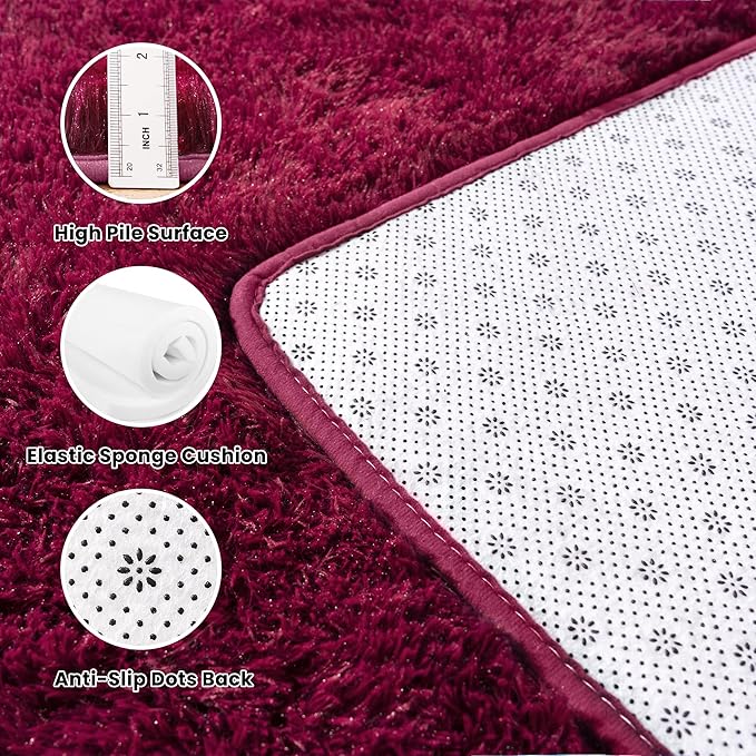 4x6 Rug - Non-Slip Rugs for Living Room - Height Pile 1.4" Plush Rug - Fluffy Throw Carpet for Bedroom - Burgundy