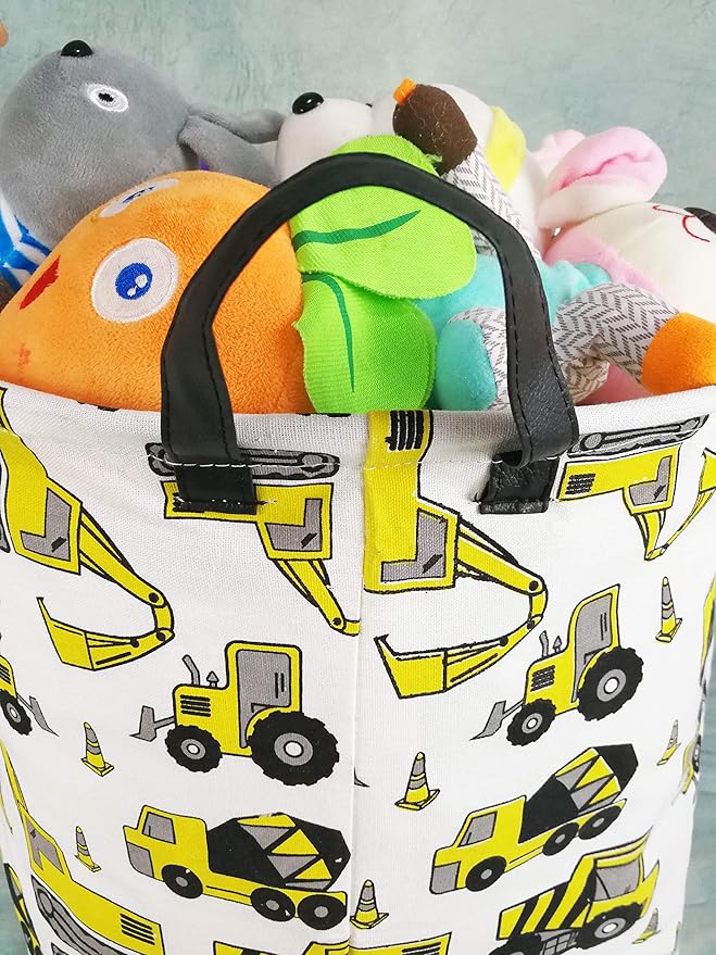 KUNRO Round Laundry Gift Basket Storage Hamper, Kids Toys and Clothes Storage Organizer Bins, Toy Shelf Basket with Handles for Room Decor (Excavator)