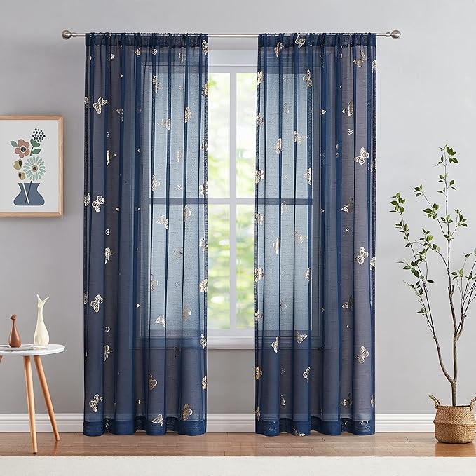 Jubilantex Butterfly Sheer Curtains Navy Blue Drapery with Gold Print Pattern 95 Inch Long, Kids Nursery Bedroom Voile Linen Textured Curtain Rod Pocket Window Drapes, 2 Panels