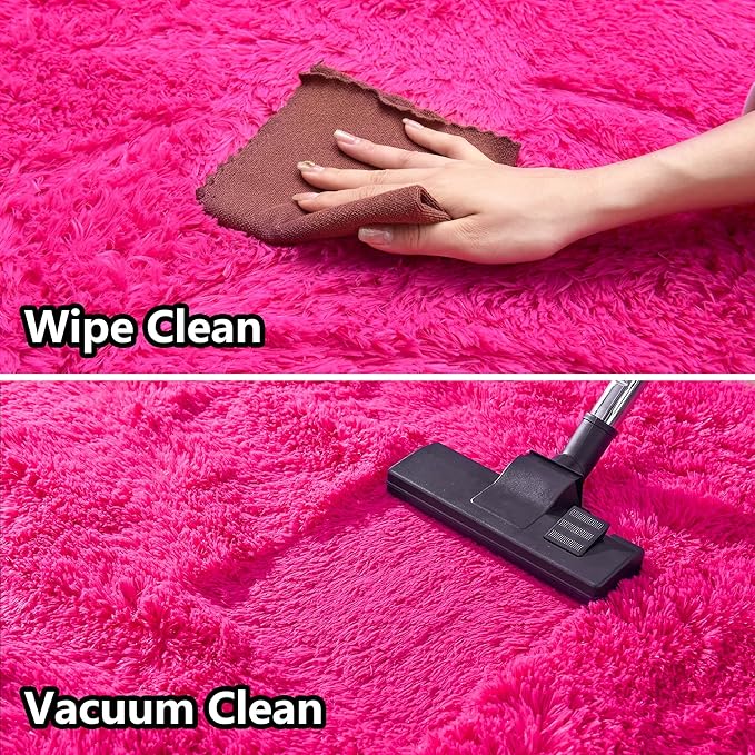 Fluffy Rug Stain Resistant 3x5 Feet, Hot Pink Cute Rugs for Bedroom Aesthetic, Modern Plush Area Rugs for Bedroom