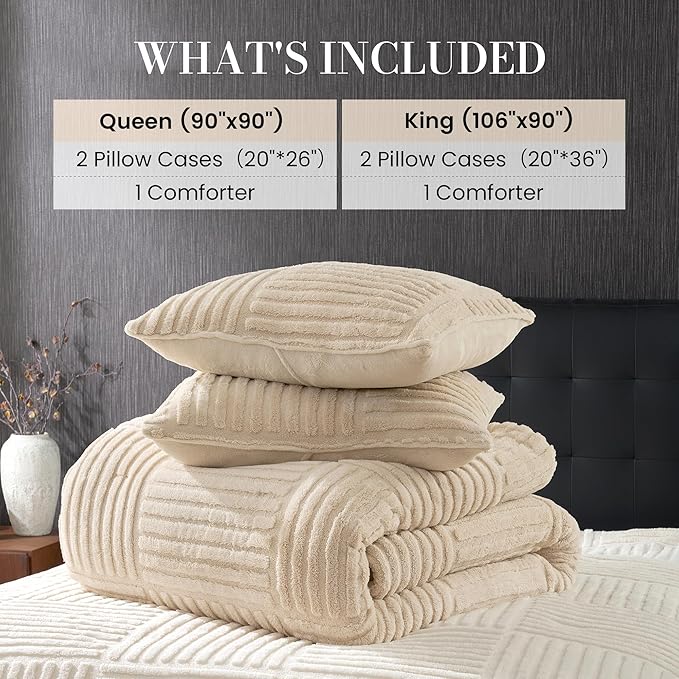 Amélie Home King Size Comforter Set with Stripe Jacquard Design, Khaki Fluffy King Bedding Set, Super Soft Plush Bedding Set for Winter,3 Pieces, 1 Soft Comforter and 2 Pillowcases