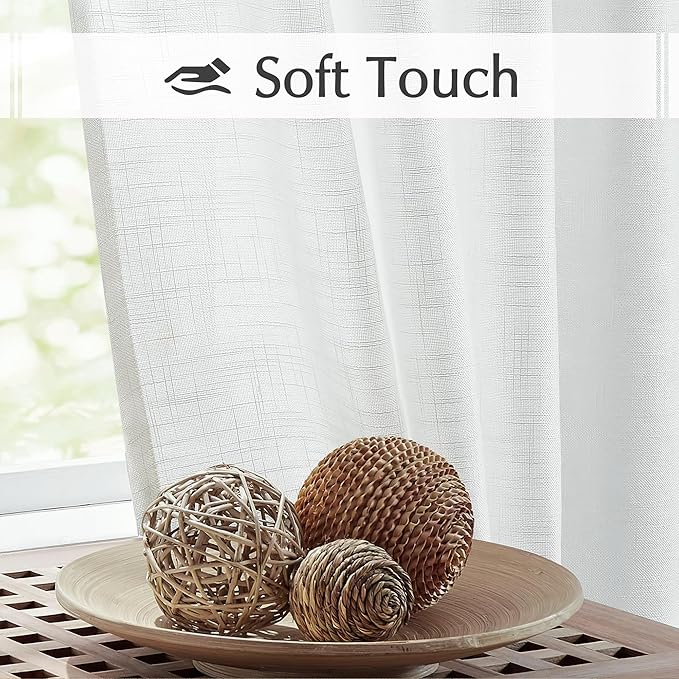 FMFUNCTEX Linen Semi Sheer Curtains for Bedroom, White Curtains 45 Inches Long for Living Room, Country Farmhouse Sheer Short Drapes, Light Filtering Window Curtain, Grommet Top 2 Panels