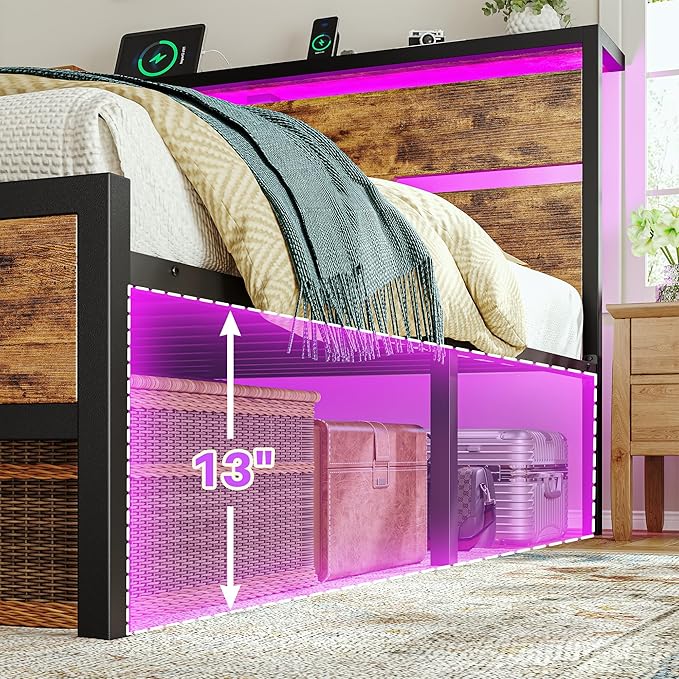 Full Size Bed Frame with LED Lights & Charging Station, Bed Frame Full with Headboard,13" Under Bed Storage, Noise-Free Heavy Duty Metal Support, Modern Brown