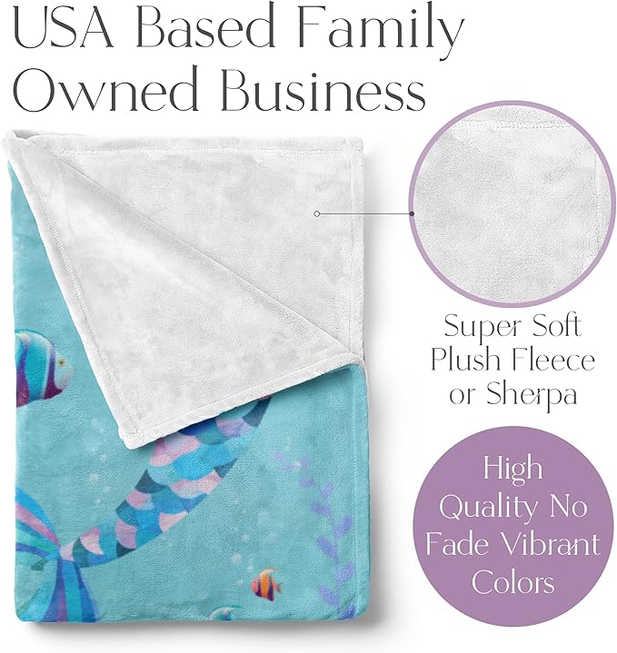 Personalized Mermaid Blanket for Girls | Kids Unicorn | Custom Plush Fuzzy Unicorns for Toddler | Customized Little Girl Throw Blankets | Baby Girl Sofa Bed Birthday (Sherpa – 60x80)