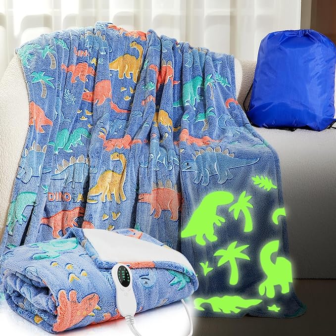 Kids Heated Blanket Glow in The Dark Dinosaur Heating Blanket Girls Boys Children 50"x60" Electric Blankets with 10 Heating Levels & 8 Hours Auto Off Etl Certified Machine Washable