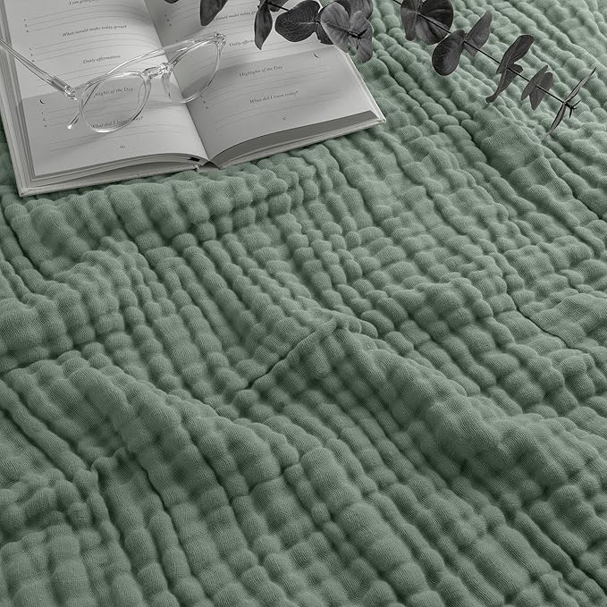Comfy Cubs Muslin Throw Blanket - 50” x 60” Quilted Design - Lightweight, Breathable 6-Layer Gauze Fabric - Soft Cotton Blanket for Home or Travel - Packaged in Elegant Gift Box - Fern