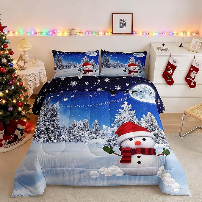 Feelyou Christmas Twin Size Comforter Set Snowman Decorations Bedding Set for Kids Boys Girls Xmas Winter Decor Blue Quilt Room 2Pcs