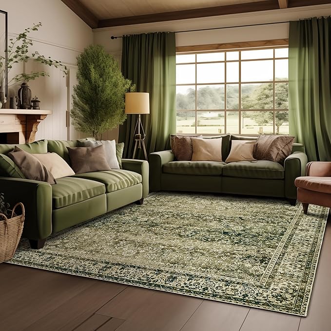 Large Boho Area Rugs 8x10 for Living Room,Low Pile Stain Resistant Neutral Vintage Faux Wool Machine Washable Rugs Carpet for Bedroom Dining Room,Olive Green and Cream