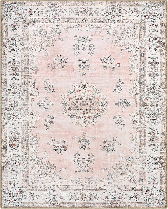 Lahome Washable Pink 5x7 Area Rugs for Bedroom Girls Nursery, Boho Soft Floral Print Area Rug for Living Room Apartment, Non-Slip Carpet for Aesthetic Home Decorations Bedroom Decor