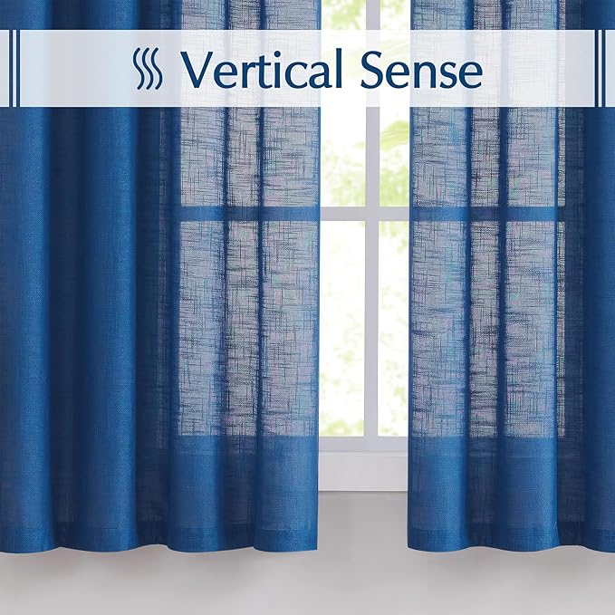 FMFUNCTEX Linen Semi Sheer Navy Blue Curtains for Bedroom Living Room, Blue Curtain Panels 84 Inches Long Sheer Linen Textured Window Drapes Farmhouse Light Filtering 2 Panels Rod Pocket