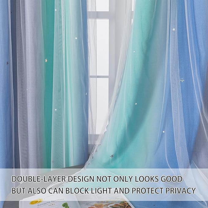 XiDi 90 Inches Curtains for Girls Bedroom 2 Panels Set, Blue Green Grey Blackout Rainbow Grommet Curtains for Kids Room Decor, Unicorn Wall Decals Drapes for Little Girl Nursery Room 34 Inches Wide