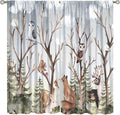 Forest Curtains, Cartoon Woodland Animals Tree Birds Moose Rabbit Mushroom Print Pattern Kids Bedroom Window Treatments Curtains 84x84in