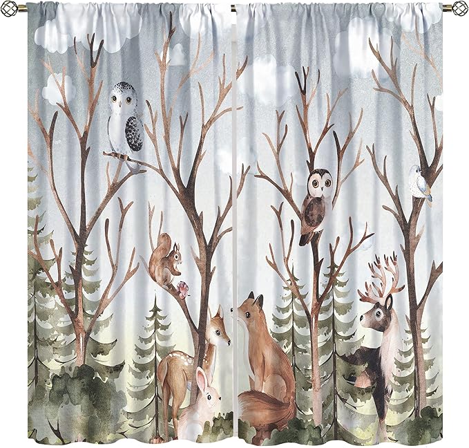 Forest Curtains, Cartoon Woodland Animals Tree Birds Moose Rabbit Mushroom Print Pattern Kids Bedroom Window Treatments Curtains 42x45 Inch, Style-8