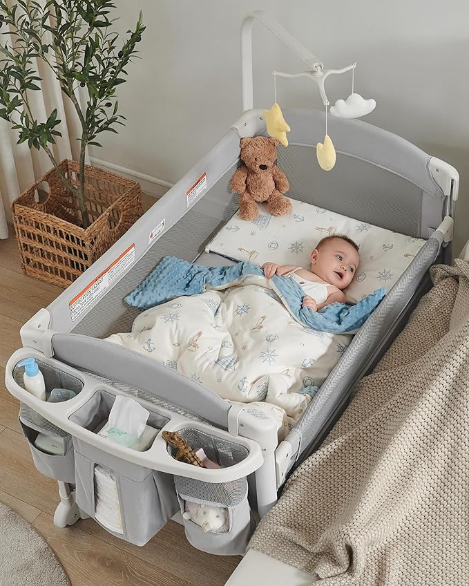 4 in 1 Baby Bassinet Bedside Sleeper, Baby Bedside Crib 5 Functions, Bedside Sleeper, Bassinet Crib, Changing Station for Newborn Baby