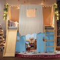 Playhouse Design Full Size Loft Bed with Slide & Tent, Solid Wood Tent Bed Frame for Kids Boys Girls, Versatile Spacious Under Bed Space, Chic Design with Lights (Natural+Blue-Full)