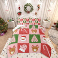 Feelyou Merry Christmas Bedding Set Soft for Boys Girls, Xmas Tree Santa Claus Comforter Set Full Size Candy Cane Deer Duvet Quilt Microfiber Patchwork Bedroom Decor 3 Pcs with 2 Pillow Cases