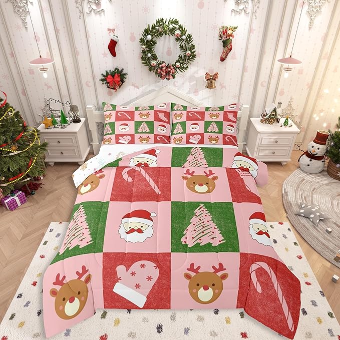 Feelyou Merry Christmas Bedding Set Soft for Boys Girls, Xmas Tree Santa Claus Comforter Set Queen Size Candy Cane Deer Duvet Quilt Microfiber Patchwork Bedroom Decor 3 Pcs with 2 Pillow Cases