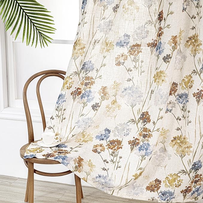MYSKY HOME Long Floral Curtains for Living Room Bedroom Linen Semi Sheer Light Filtering Privacy Protect Drapes Flower Print Farmhouse Soft Touch for Dining Room, Yellow, W52 X L102, Pack-2