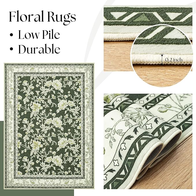 Olive Green Floral Print Area Rugs for Bedroom Living Room Boho Farmhouse Country Rustic Dining Room Carpet Soft Washable Rugs Non Slip Floor Covering for Nursery Playroom 6x9