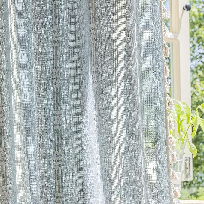 ENJOYBRIDAL Boho Curtains 63 Inch Length 2 Panels Semi Sheer Blue Grey Drapes Embroidered Tassel Rod Pocket Short Hollow Out Window Curtain Panels Farmhouse Window Treatment for Bedroom Living Room