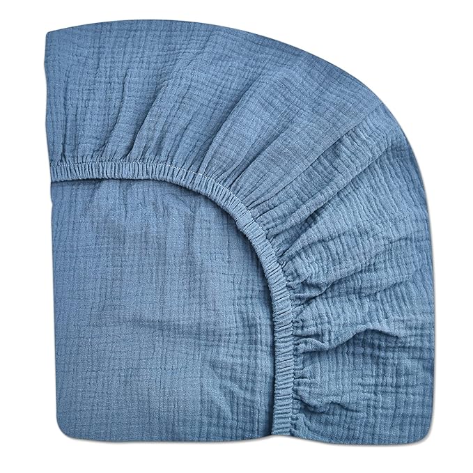 Mini Crib Sheets for Baby, Fitted Pack N Play Mattress and Mini Cribs 24" x 38", Neutral Muslin Cotton Mini Crib Mattress Sheet with Boho Style, Soft and Breathable Comfort (Blue)