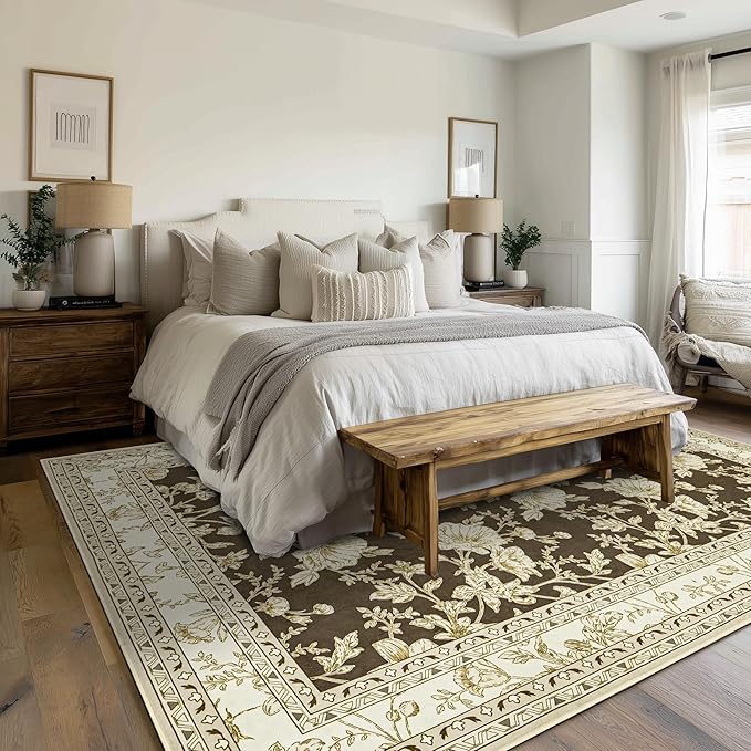 Brown Floral Print Area Rugs for Bedroom Living Room Boho Farmhouse Country Rustic Dining Room Carpet Soft Washable Rugs Non Slip Floor Covering for Nursery Playroom 8x10