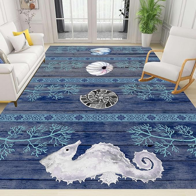 Nautical Living Room Rug, 4x5ft, Ocean Theme Conch Shell Seahorse Indoor Rugs, Beach Waterweed Kitchen Decor Mats, Durable Shed Resistant Cozy Easy Clean Carpet for Bedroom Family