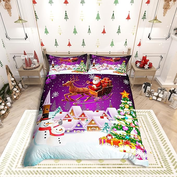 Manfei Xmas Duvet Cover Set King Size, Snowman Christmas Tree Bedding Set for Kids Boys Girls, Santa Claus with Reindeer Comforter Cover New Year Theme Quilt Cover with 2 Pillowcases, No Comforter