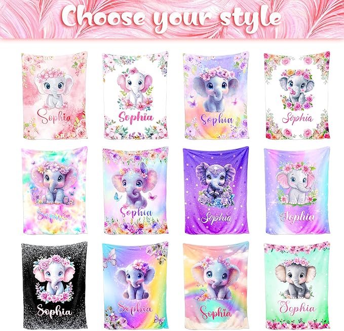 Ship Next Day, Custom Name Blanket for Baby Girls Boys, Cute Elephant Blankets- Printed in USA, Personalized Baby Blankets for Kids Teens, Christmas Birthday Blanket Gifts for Daughter Son