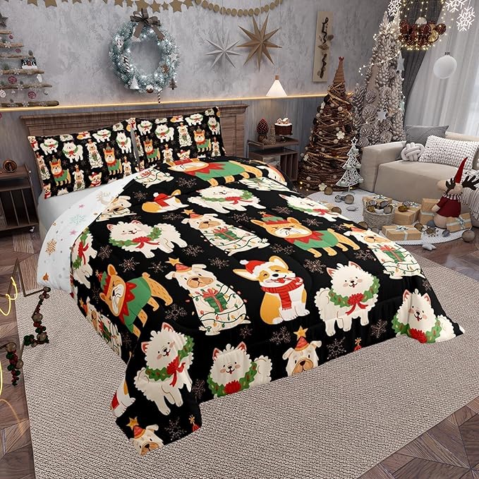 Castle Fairy Cute Puppy Dog Animal Twin Size Comforter Set,Christmas Pets Quilt Set Soft Bed Collection,Merry Christmas Theme Bedding Comforter for Boys Girls Room Decor,2 Pcs