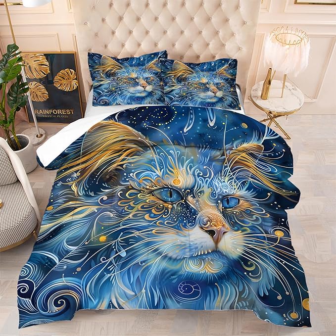 Cat Comforter Set King: Blue Cat Print Bedding Sets Mystic Ethnic Kitten Quilts for Women Men Adults Mandala Boho Exotic Feline Bed Set 1 Comforter & 2 Pillowcases