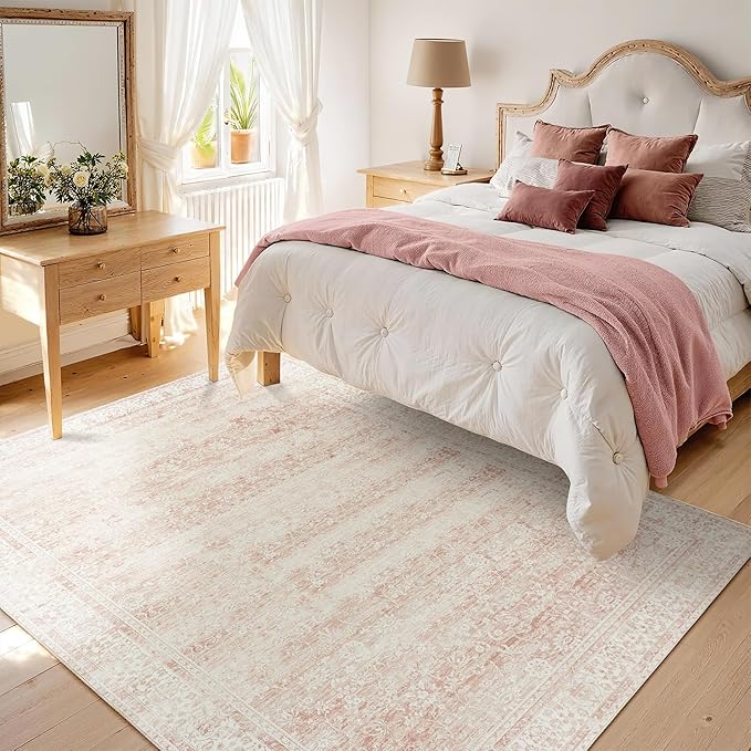 Washable 9x12 Area Rugs for Living Room Big Girls Bedroom Clearance Blush Pink Soft Faux Wool Neutral Boho Floral Extra Large Area Rug for Nursery,9 by 12