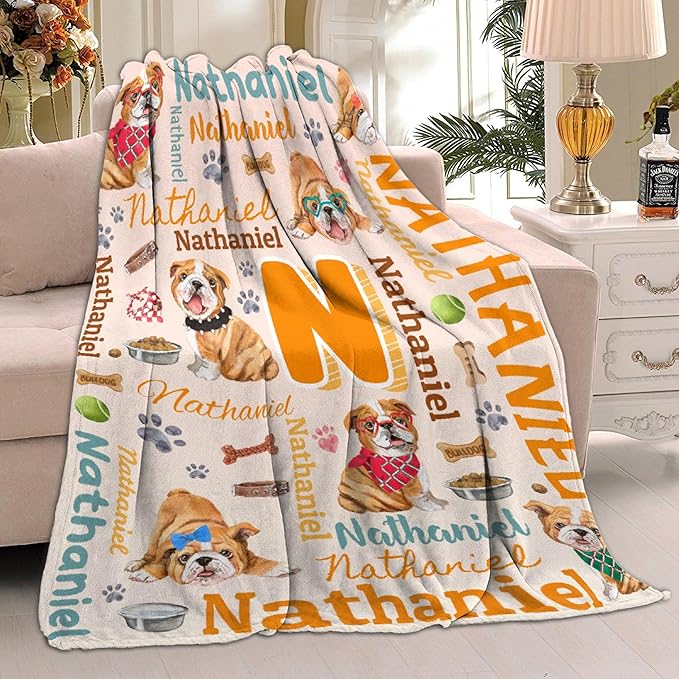 Personalized Custom Bulldog Blanket Gifts for Kids Boys Girls with Name - Customized Bulldog Super Soft Lightweight Flannel Sheets Decor for Crib Nap Couch - 60"x80" for Adult