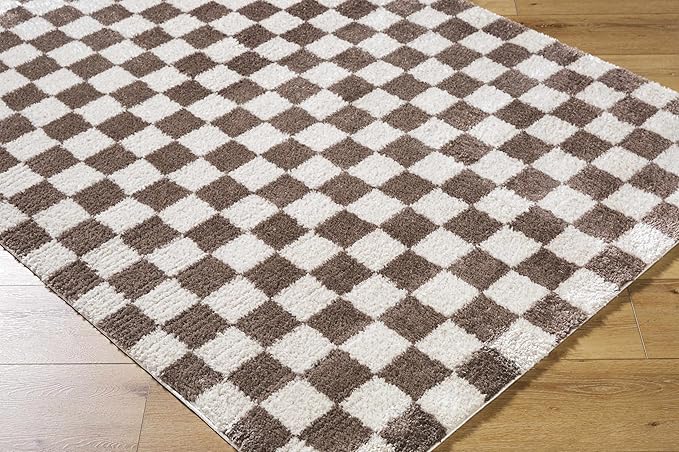 Hauteloom Canika Modern Checkered High Pile Area Rug - Contemporary Geometric Carpet for Living Room, Bedroom - Machine Washable Area Rug - Peach, Dark Brown - 6'7" x 9'