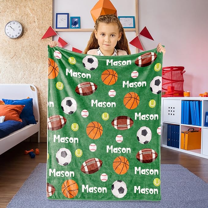 Personalized Ball Blanket with Name for Boys, Custom Name Blanket for Kids Ball, Soft Flannel Ball Toddler Blanket Customized Gift for Birthday Christmas Baby Shower Newborn Gift 30x40in