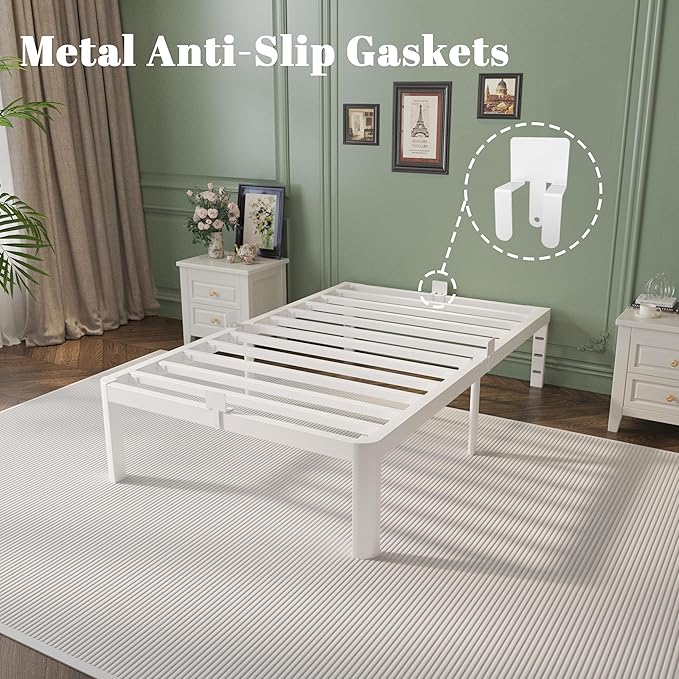 16 Inch Twin Bed Frames with Metal Baffles, White Twin Metal Bed Frame No Box Spring Needed, Heavy Duty Steel Platform Supprt, Rounded Corner Design, Storage Space. Noiseless, Reserved Holes