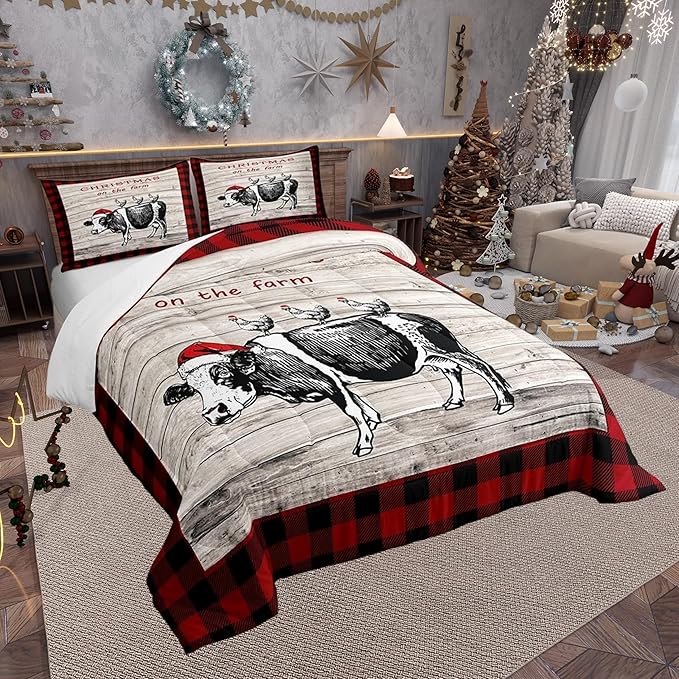 Castle Fairy Cartoon Cow Chicken Bed Comforter Set Queen Size,Vintage Wooden Plank Red Grids Super Soft Microfiber Bedding Set for Adults Men,Christmas Farm Decorative Comforter Set,3 Pcs