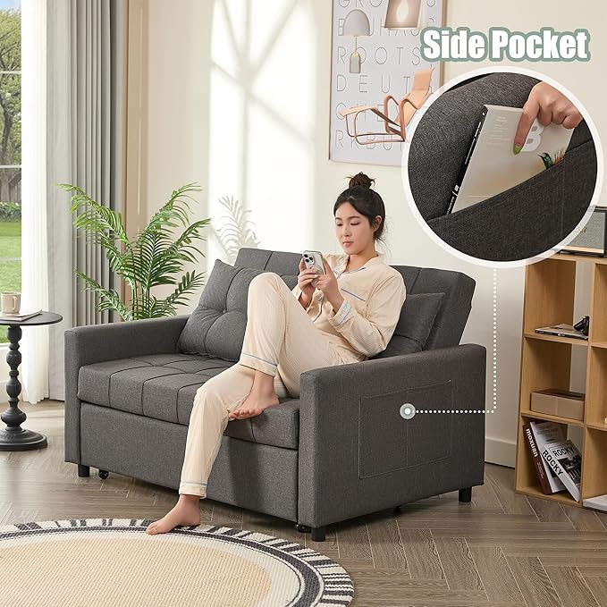 52" Sleeper Sofa with Pull-Out Bed, 3-in-1 Convertible Sofa Bed, Loveseat with Stepless Adjustable Backrest and Side Pocket, for Living Room Dorm Apartment, Linen, Dark Gray