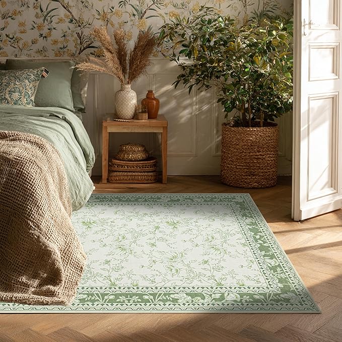 Green 4x6 Small Rug for Living Room Cream Beige and Sage Green Area Rug for Kitchen, Bedside, Dining Room, Laundry, Large Entryway Indoo Non Slip with Rubber Backing, Boho Aethestic Farmhouse D閏or