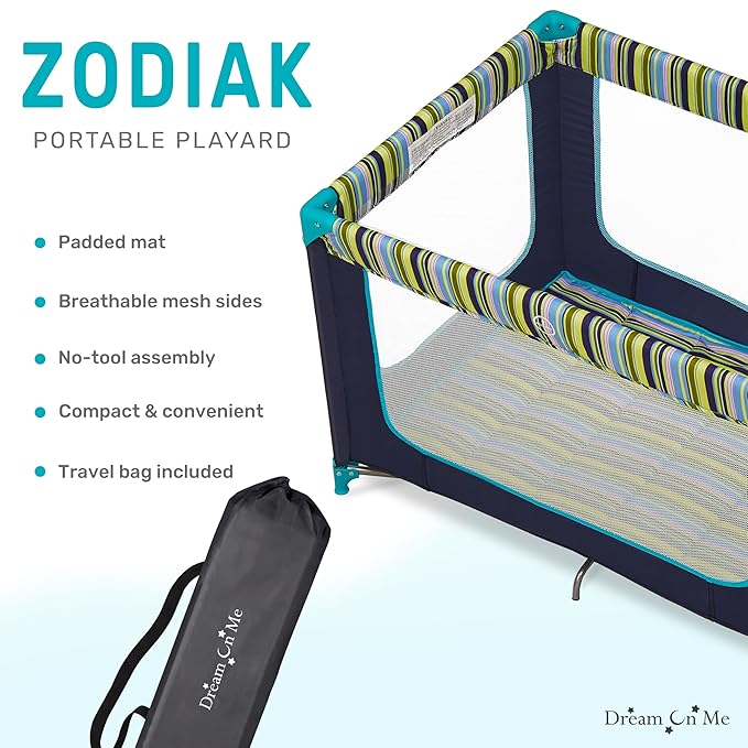 Dream On Me Zodiak Portable Playard in Navy, Lightweight, Packable and Easy Setup Baby Playard, Breathable Mesh Sides and Soft Fabric - Comes with a Removable Padded Mat