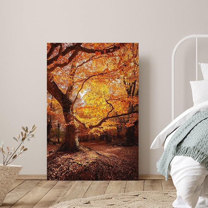 SIGNWIN Canvas Print Wall Art Autumn Red Leaf Oak Tree Forest Nature Wilderness Photography Modern Art Farmhouse/Country Landscape Colorful Multicolor Ultra for Living Room, Bedroom, Office - 24x36