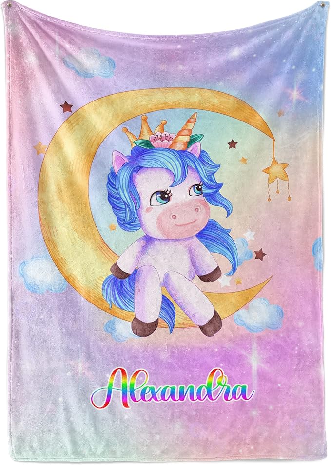 Personalized Unicorn Blanket for Girls | Kids Rainbow Unicorn | Custom Plush Fuzzy Unicorns for Toddler | Customized Little Girl Throw Blankets | Girl Sofa Bed Birthday | Fleece 30x40