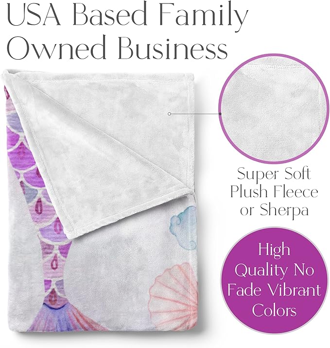 Personalized Blanket for Girls | Custom Mermaid Fleece Throw | Purple Kids Throw | Baby Girl Blanket for Room Décor | Girls Room | Kids Blanket | Mermaids (Fleece – 30x40)