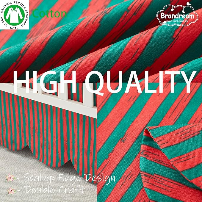 Brandream Scallop Edge Cotton Crib Skirt Toddler Bedskirt Boho Farmhouse Baby Nursery Bedding Neutral Solid Color with Red Green Stripes Christmas Holiday Chic