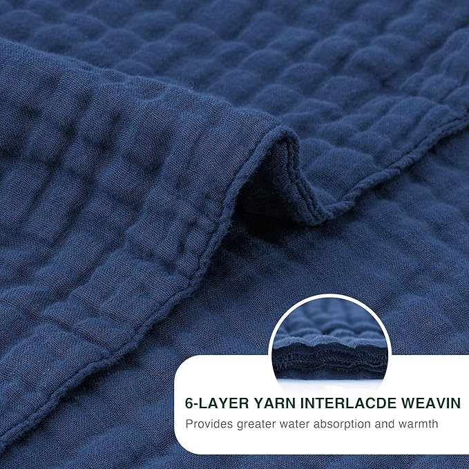 Love's cabin 6 Layer 100% Cotton Muslin Blanket, 90"x90" Muslin Blanket Queen for Couch Bed, Lightweight and Breathable Cotton Gauze for Adult, Dark Blue